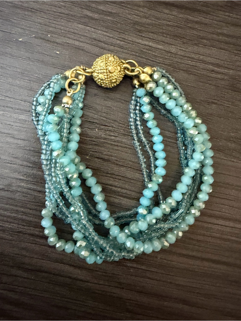 Multi-Strand Aqua Beaded Bracelet with Gold-Tone Clasp - Picture 1 of 7